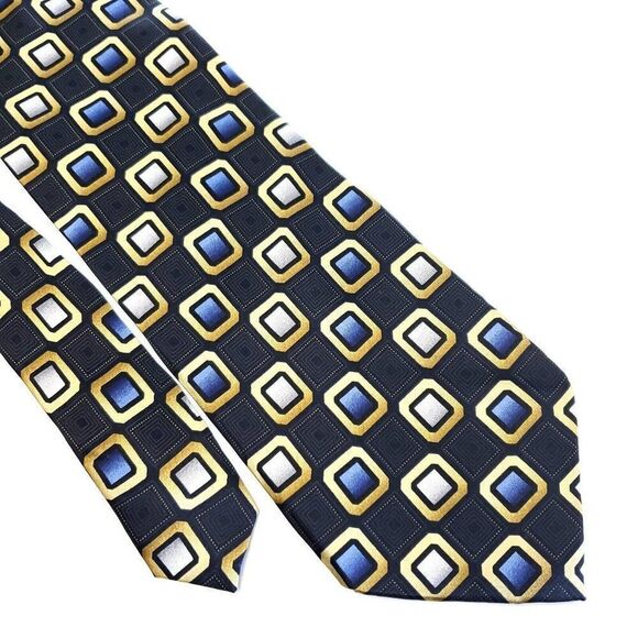 George Blue‎ Geometric Print Wide Silk Tie - Picture 1 of 6